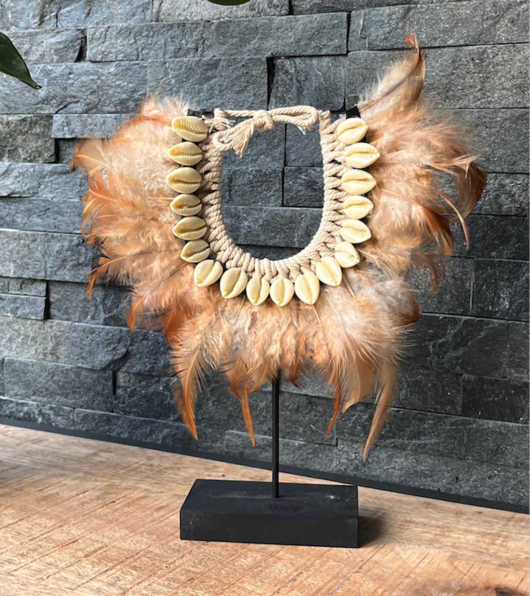 Decoratie ornament met schelpen en veren, bruin, 27 cm
