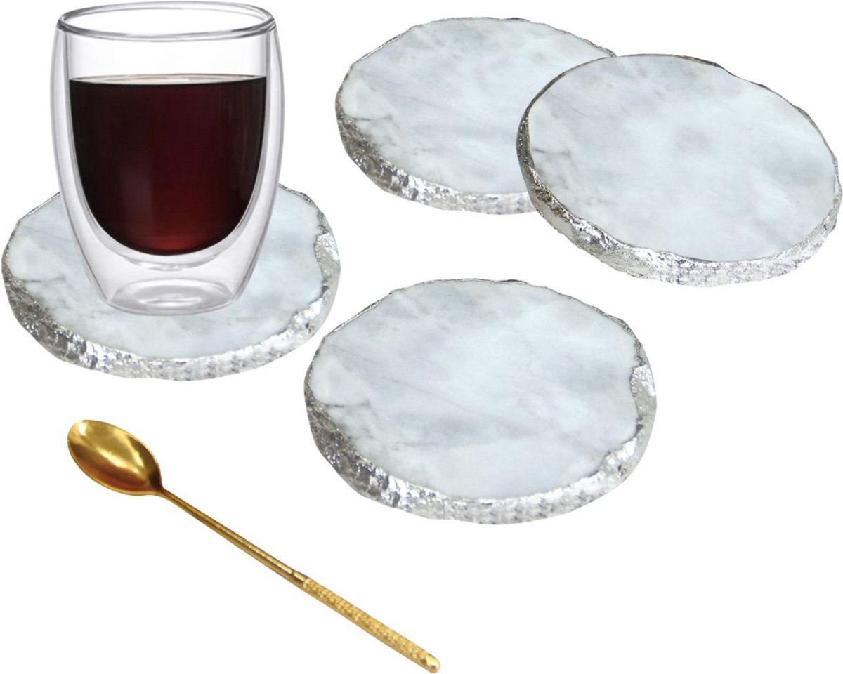 Marmer Onderzetters 4-delig - onderzetters voor glazen - marmer onderlegger - luxe onderzetter(set) wit - zilver