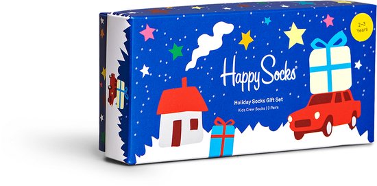 Blauwe Happy Socks geschenkverpakking met kerstprint van een huisje, auto en cadeautjes.