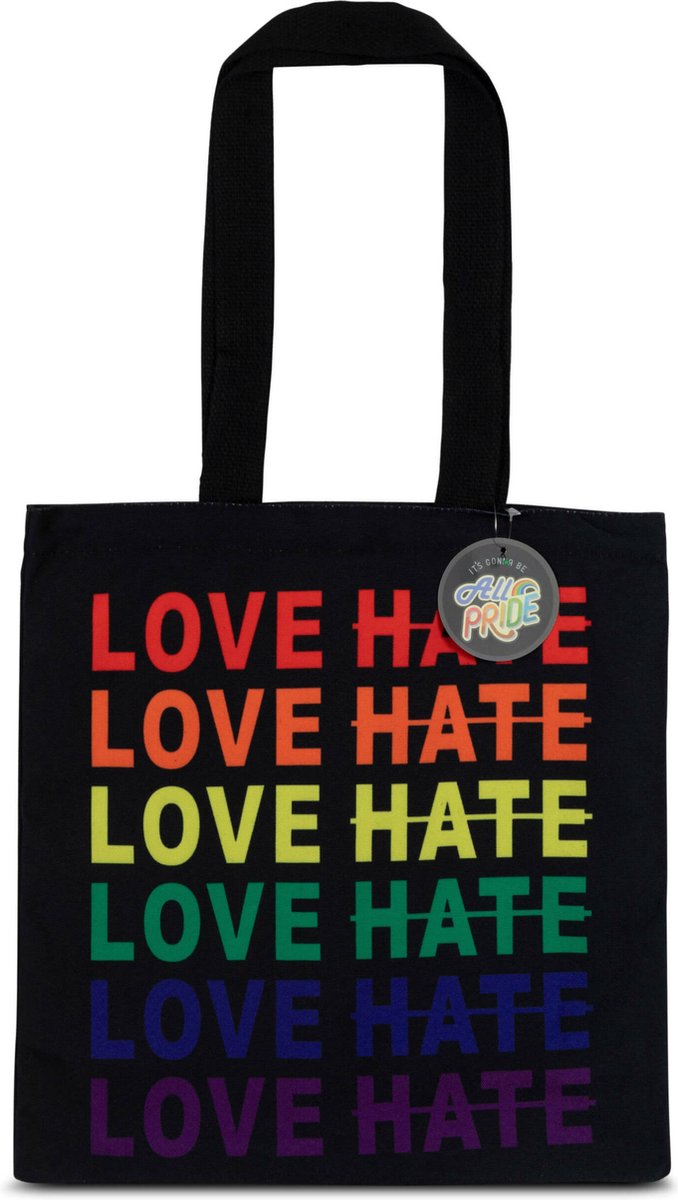 ALLPRIDE LGBTQIA regenboog rainbow pride canvas tas bag love hate zwart katoen organic gadget fashion 36 x 42 cm