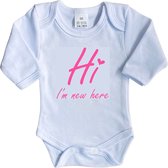 La Petite Couronne Romper Lange Mouw "Hi I'm new here" Met Een Hartje Meisjes Katoen Wit/roze Maat 56