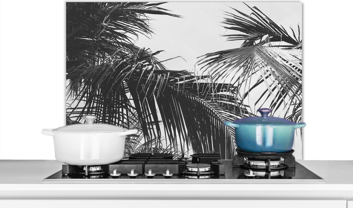 Spatscherm - Palmboom - Natuur - Zwart wit - Bladeren - Keuken - Spatwand- 90x60 cm