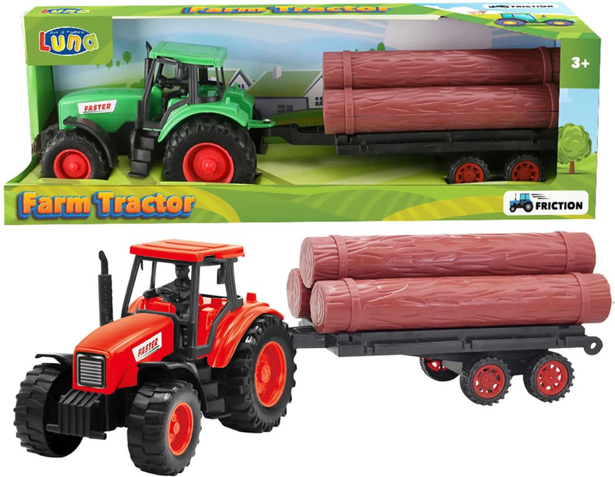 Luna groene Landbouwtractor- Speelgoedtractor met aanhanger - 2-assige transportaanhangwagen - Tractor