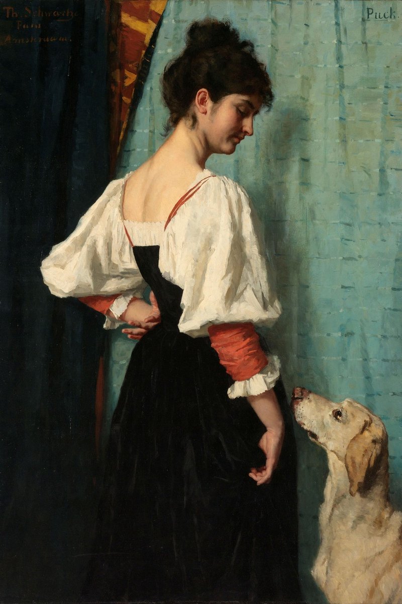 Thérèse Schwartze - Portret van een Jonge Vrouw met de Hond Puck (1879) Canvas Print