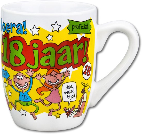 Verjaardag - Cartoon Mok - Hoera 18 jaar - In cadeauverpakking met gekleurd lint