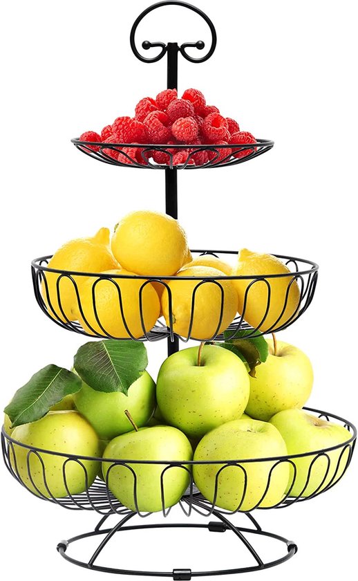 Fruitetagère 3 etages, keramische fruitmand etagère met bamboe