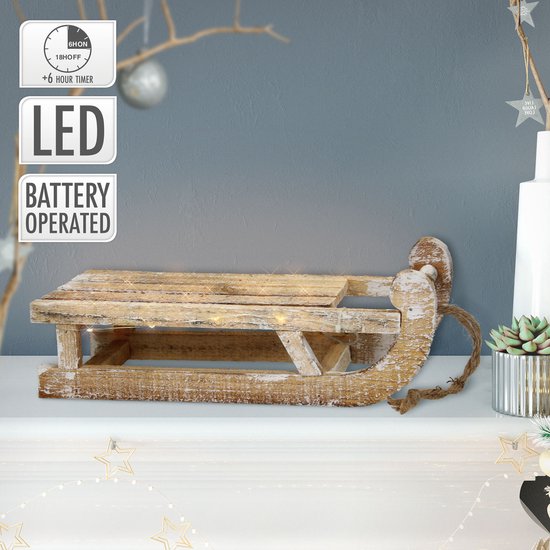 Deco Traîneau avec 25 LED Blanc Chaud 31,5x14,5x10,5 cm Nature en bois