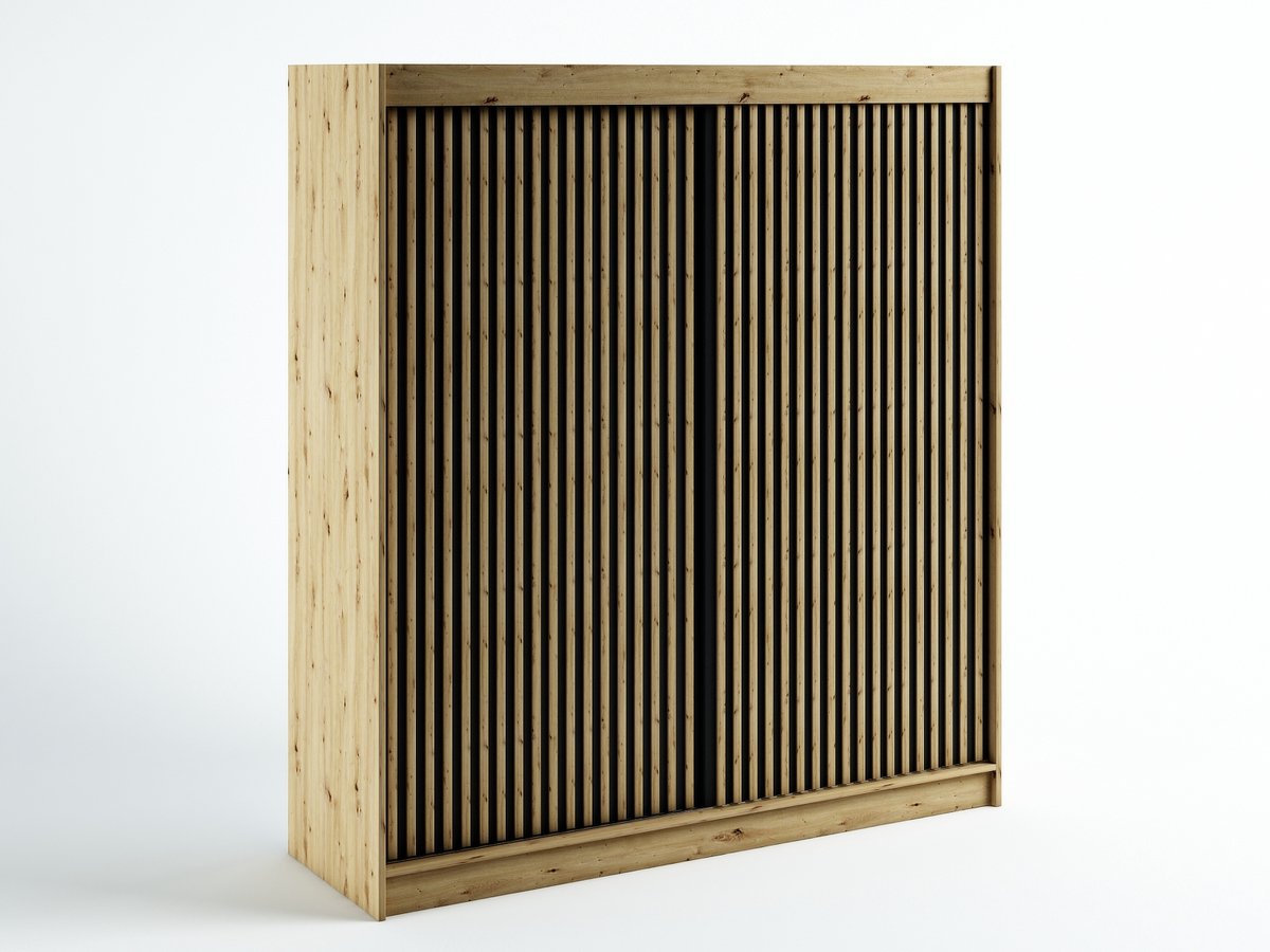 InspireMe - Kledingkast met 2 schuifdeuren, Loft-stijl, Kledingkast met planken (BxHxD): 200x200x62 - MELO I 200 met 4 lades Artisan Eik + Zwart