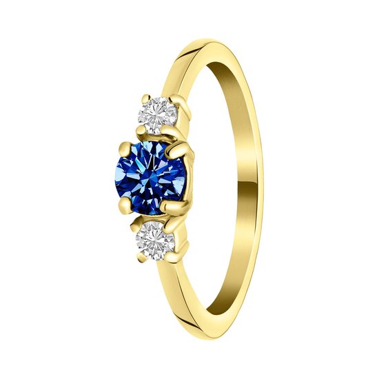 Lucardi Dames Stalen goldplated vintage ring met blauwe zirkonia - Ring - Staal - Goudkleurig - 18 / 57 mm