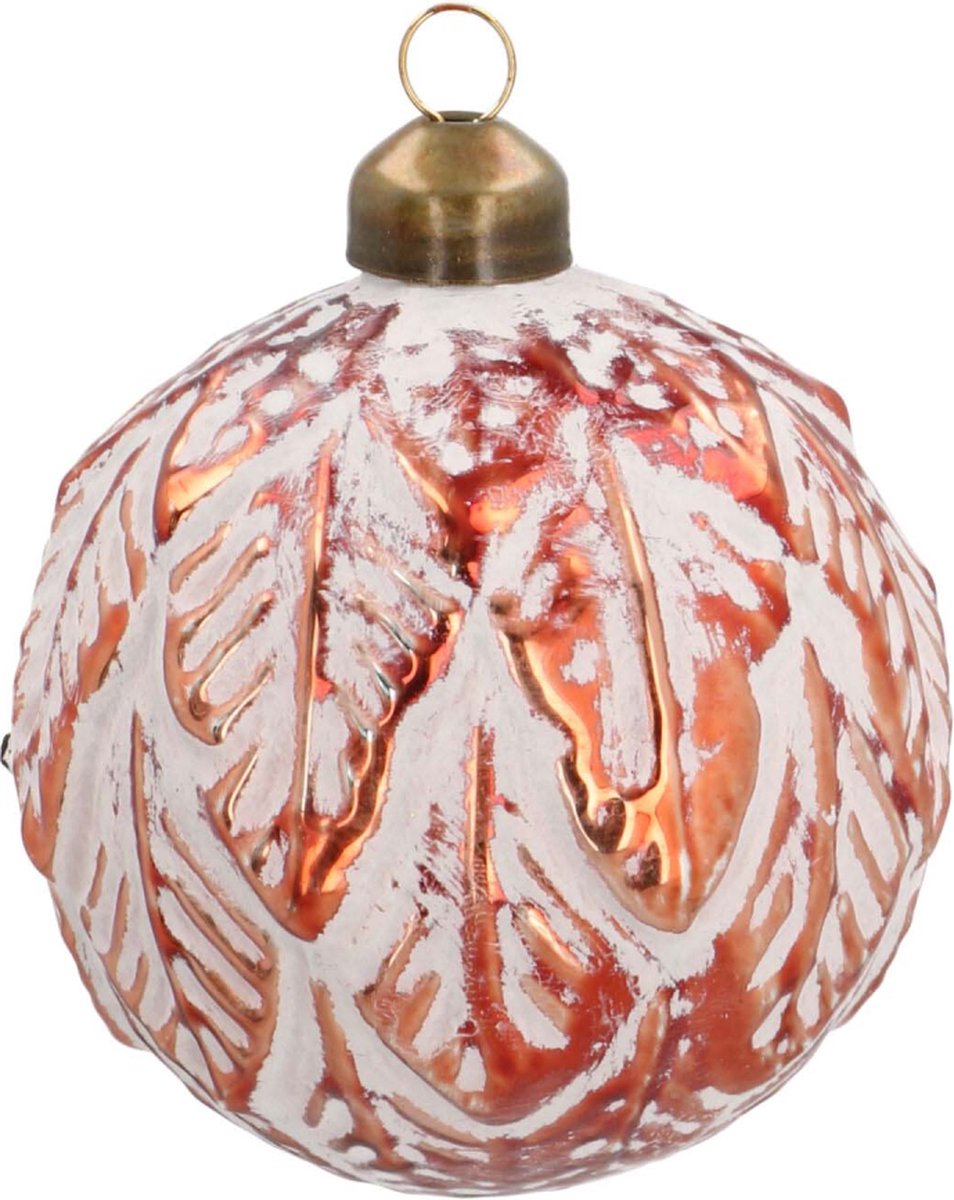 Oneiro's luxe Glazen kerstbal met reliëf | Wit-koper | 8 cm - kerstbal - luxe verpakking – kerstcollectie – kerstdecoratie – kerstboomhanger – kerstversiering