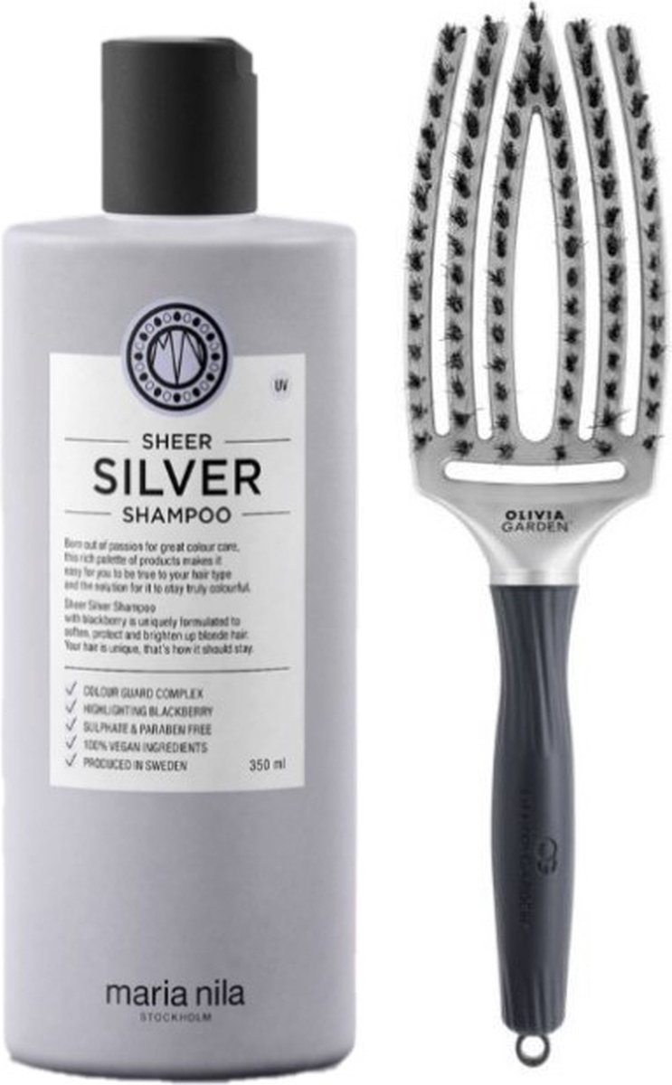 Maria Nila Sheer Silver Shampoo & Olivia Garden Fingerbrush White Gold Set