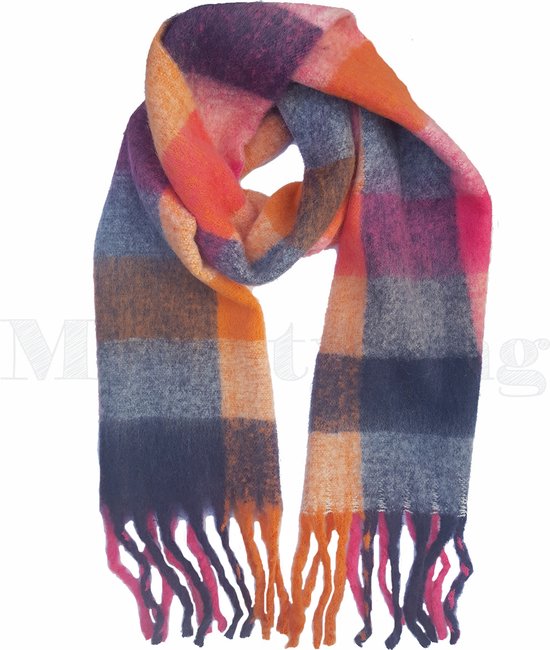 Geblokte dames sjaal - Warme Winter Sjaal - Wol Viscose - Dikke sjaal - Fuchsia Oranje