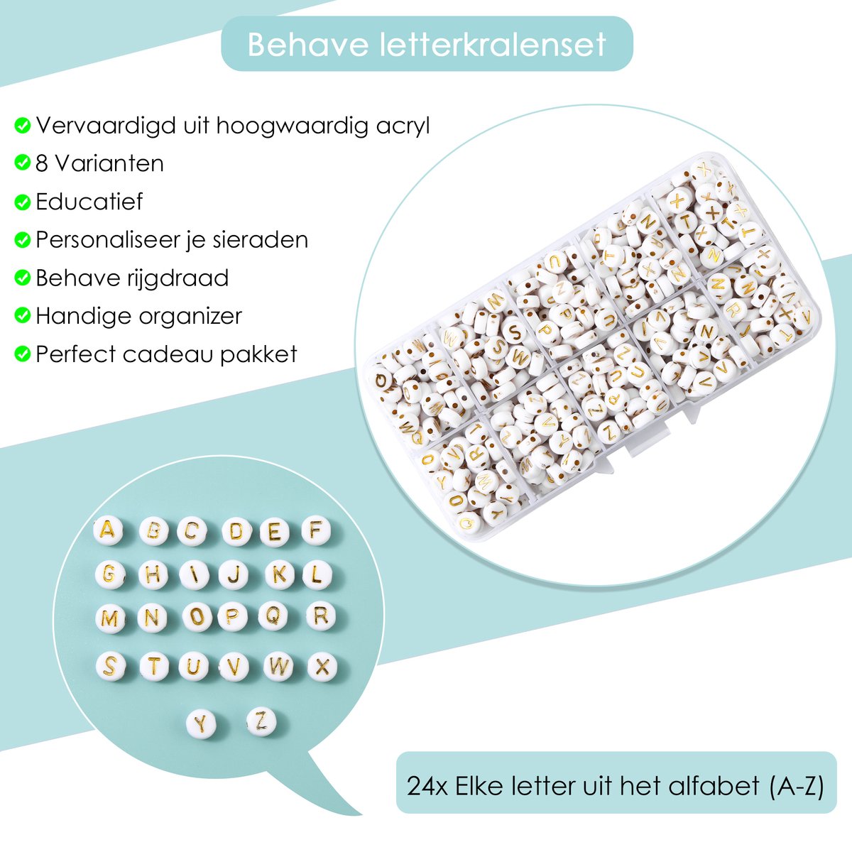 Behave Letterkralen Set - Wit met Gouden Letters - Acryl - Kralen - Alfabet Kralen - 7mm - 624 Stuks — afbeelding 2