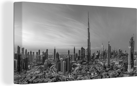 Canvas Schilderij Mooi panorama van Dubai met de Burj Khalifa - zwart wit - 80x40 cm - Wanddecoratie