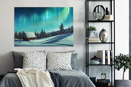 Tableau sur toile Aurores boréales - Neige - Maison - Hiver - 120x80 cm - Décoration murale