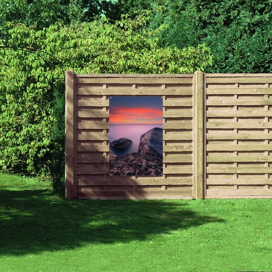 WallClassics - Tuinposter – Oranje/Roze Lucht boven Meer - 80x120 cm Foto op Tuinposter  (wanddecoratie voor buiten en binnen)