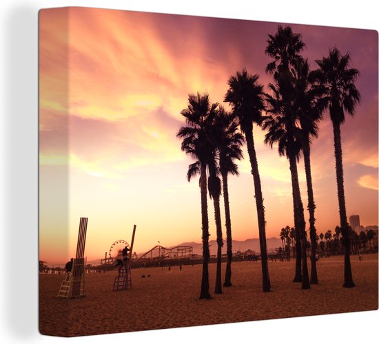 Canvas Schilderij Santa Monica Beach zonsondergang - 80x60 cm - Wanddecoratie