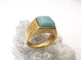 RVS Edelsteen groene Calciet goudkleurig Griekse design Ring. Maat 22. Vierkant ringen met beschermsteen. geweldige ring zelf te dragen of iemand cadeau te geven.