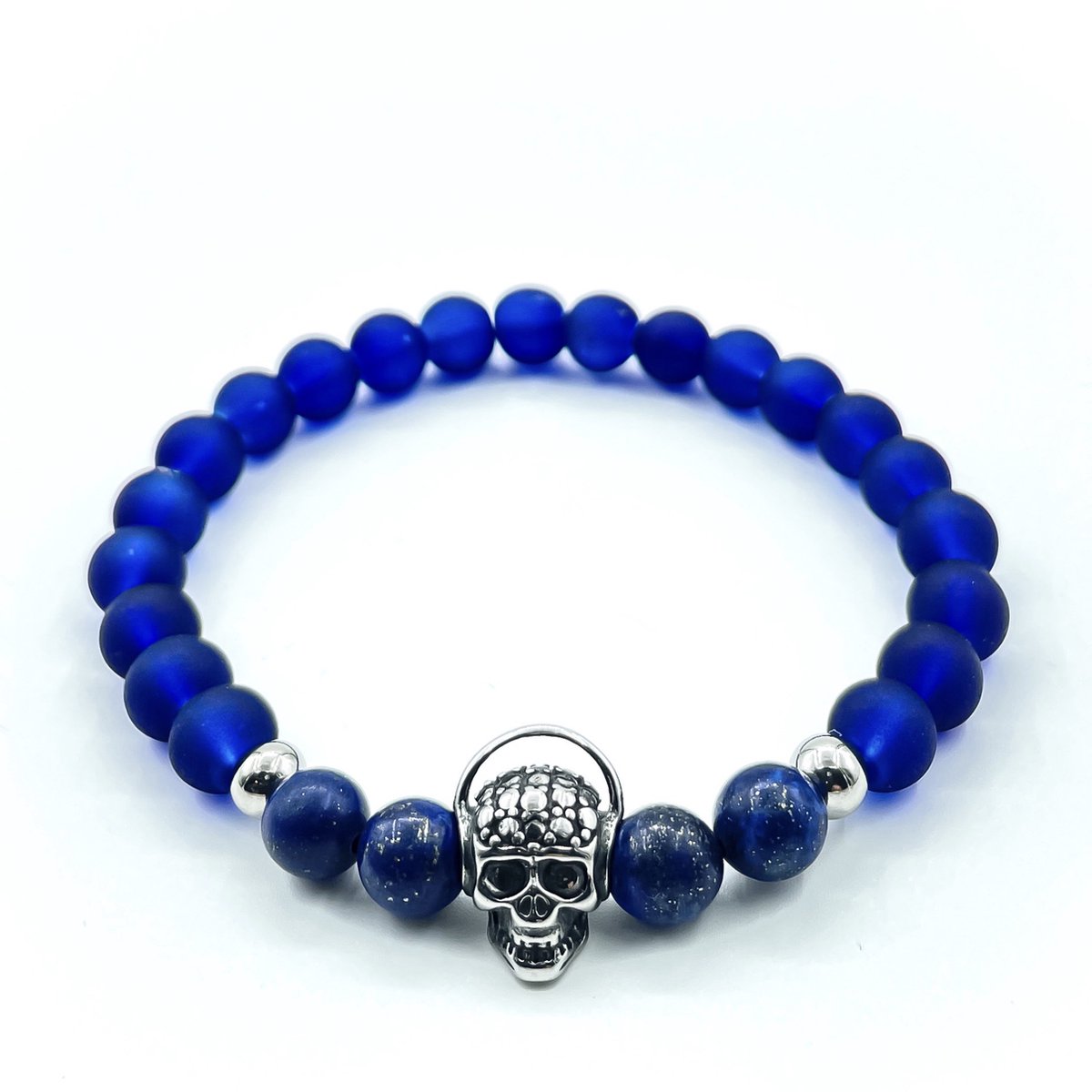 BERRATTI Skull Collection Lapis Lazuli Navy Glass Stone - Kralenarmbanden - Natuurstenen - Heren Armband - Dames Armband - Donker Blauw/Bruin