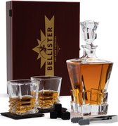 Whiskey Karaf Set Bellister - 2 Whiskey Glazen Set - 8 Whiskey Stones - 2 Stenen Onderzetters - Luxe Whisky Cadeauset - Decanteer Karaf Set