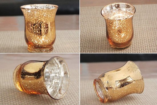Nuptio Gouden Theelichthouders 7.6cm Breed 12 Stuks Glazen Waxinelichthouder Votief Bulk, Kwik Ronde Kleine Vaas Votief Kaarsenhouder Kerst Schoorsteenmantel Eetkamers Bruiloft Tafel Decoraties Cadeau
