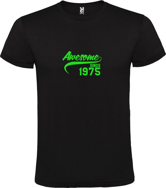 Zwart T-Shirt met “Awesome sinds 1975 “ Afbeelding Neon Groen Size XS