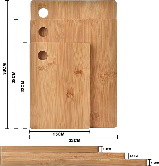 delige biologische bamboe snijplank sets van Harcas. 3 maten. prachtig