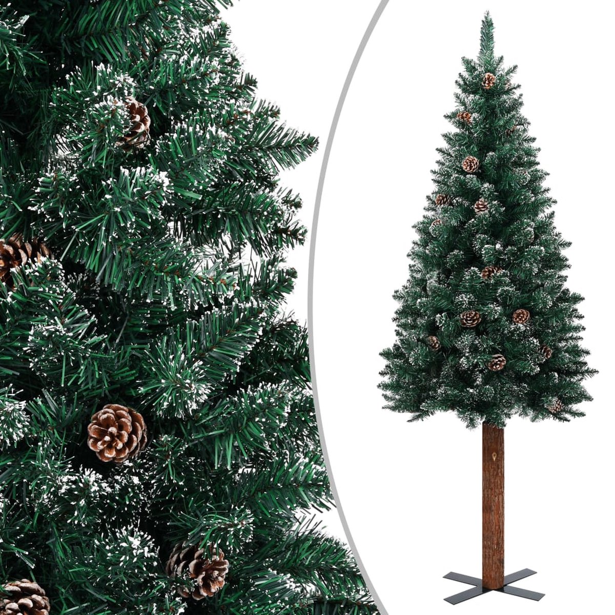 Prolenta Premium - Kerstboom met echt hout en witte sneeuw smal 210 cm groen