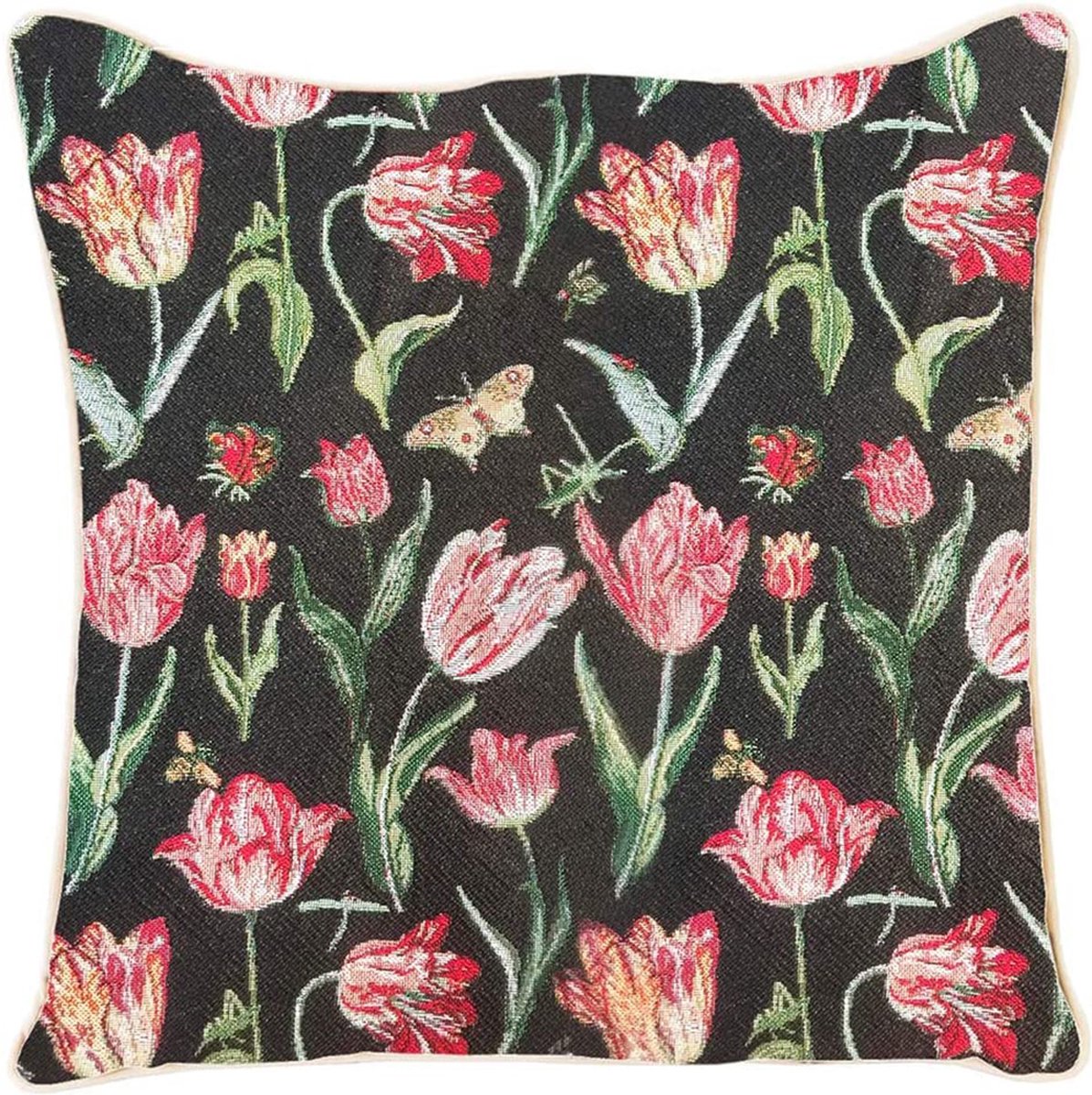 Ulticool Kussenhoes Tulpen Zwart Vlinder Bloemen - Jacquard Gobelin - Exclusief Kussenvulling - Sierkussen 45x45 cm - Sierkussenhoes Tulpenbollen - Kussentjes Bank Roze