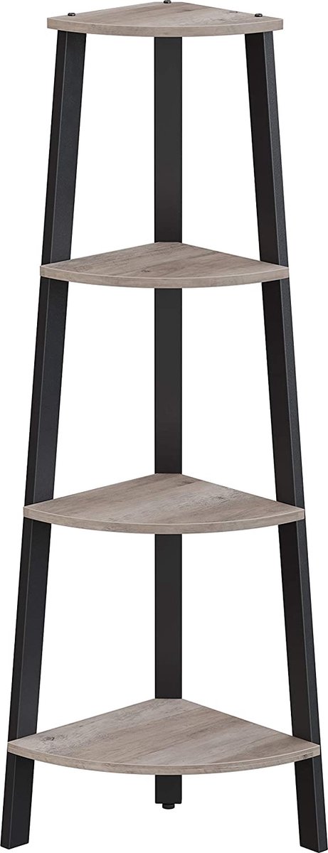 Hoppa! hoekplank, boekenkast met 4 niveaus industriële ladder, opbergrek, plantenstandaard voor woonkamer, houtlook accentmeubels met metalen frame, greige en zwart