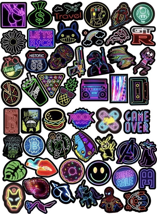 Neon Light Stickers 50 Stuks | Neon Lights Stickers | Stoere Stickers | Rock | Game Over | Laptop Stickers | Decoratie | Stickers Kinderen | Stickers Volwassenen | Agenda | Plakstickers | Stickers Bullet Journal | Planner Stickers - Merkloos
