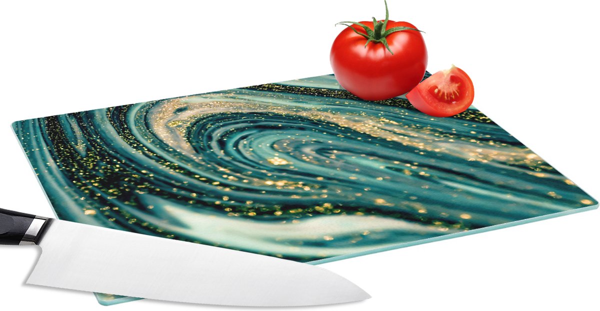 Glazen Snijplank - 28x20 - Marmerlook - Luxe - Goud - Turquoise - Glitter - Snijplanken Glas