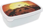 Broodtrommel Wit - Lunchbox - Brooddoos - Dino - Zon - Natuur - Tekening - Kinderen - Jongens - 18x12x6 cm - Volwassenen