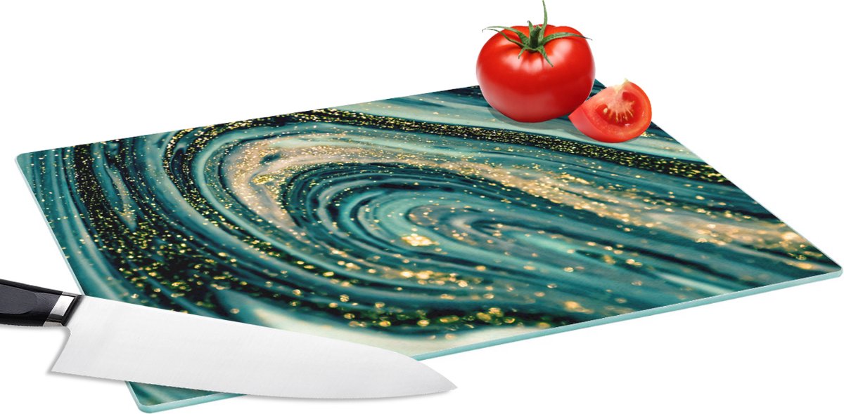 Glazen Snijplank - 39x28 - Marmerlook - Luxe - Goud - Turquoise - Glitter - Snijplanken Glas