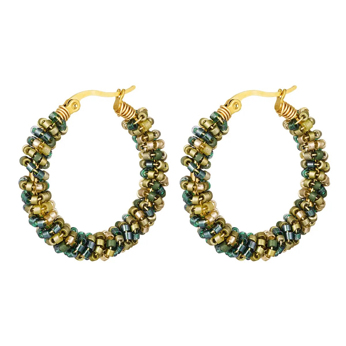 Earrings decorated with glass beads - Yehwang - Oorringen - 3,30 cm - Goud/Groen