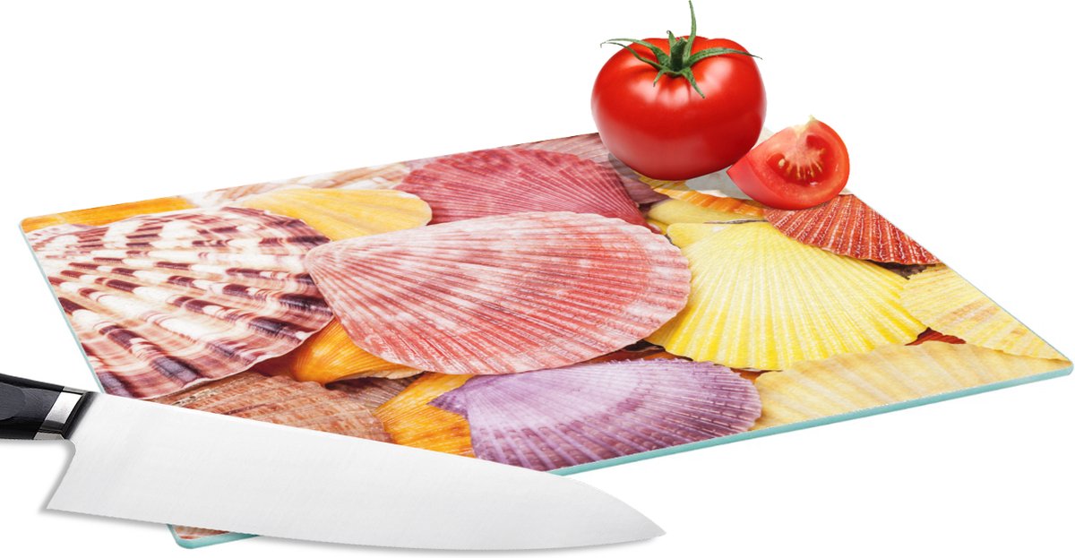 Glazen Snijplank - 28x20 - Schelpen - Rood - Geel - Strand - Zomer - Snijplanken Glas