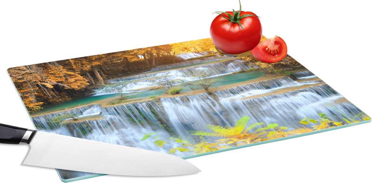 Glazen Snijplank - 39x28 - Waterval - Herfst - Bomen - Bruin - Water - Snijplanken Glas