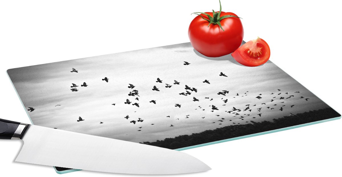 Glazen Snijplank - 28x20 - Dieren - Vogels - Wolken - Zwart - Wit - Snijplanken Glas
