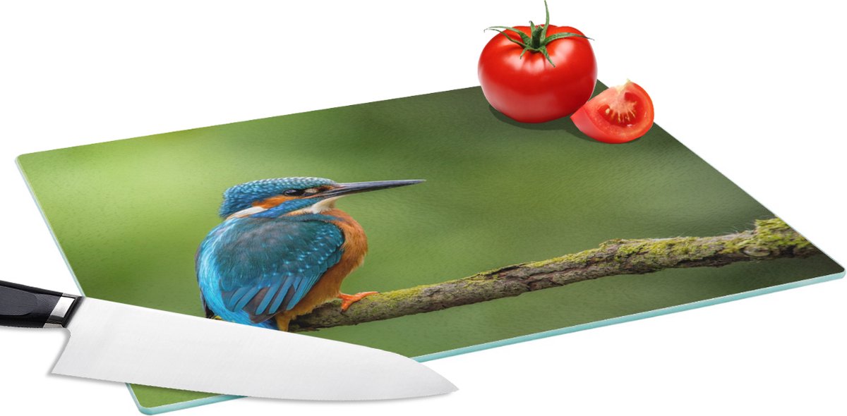 Glazen Snijplank - 39x28 - IJsvogel - Tak - Mos - Vogel - Groen - Snijplanken Glas