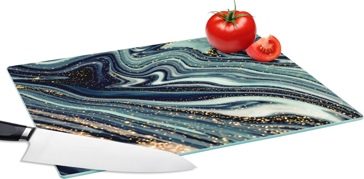 Glazen Snijplank - 39x28 - Marmer - Goud - Blauw - Glitter - Marmerlook - Abstract - Snijplanken Glas