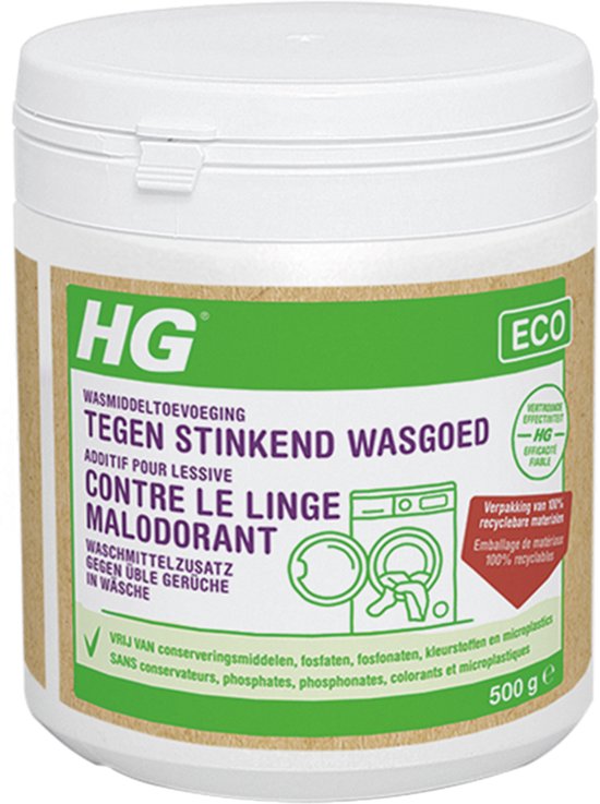 Witte HG pot met groene en bruine opdruk. Bevat "Tegen stinkend wasgoed".