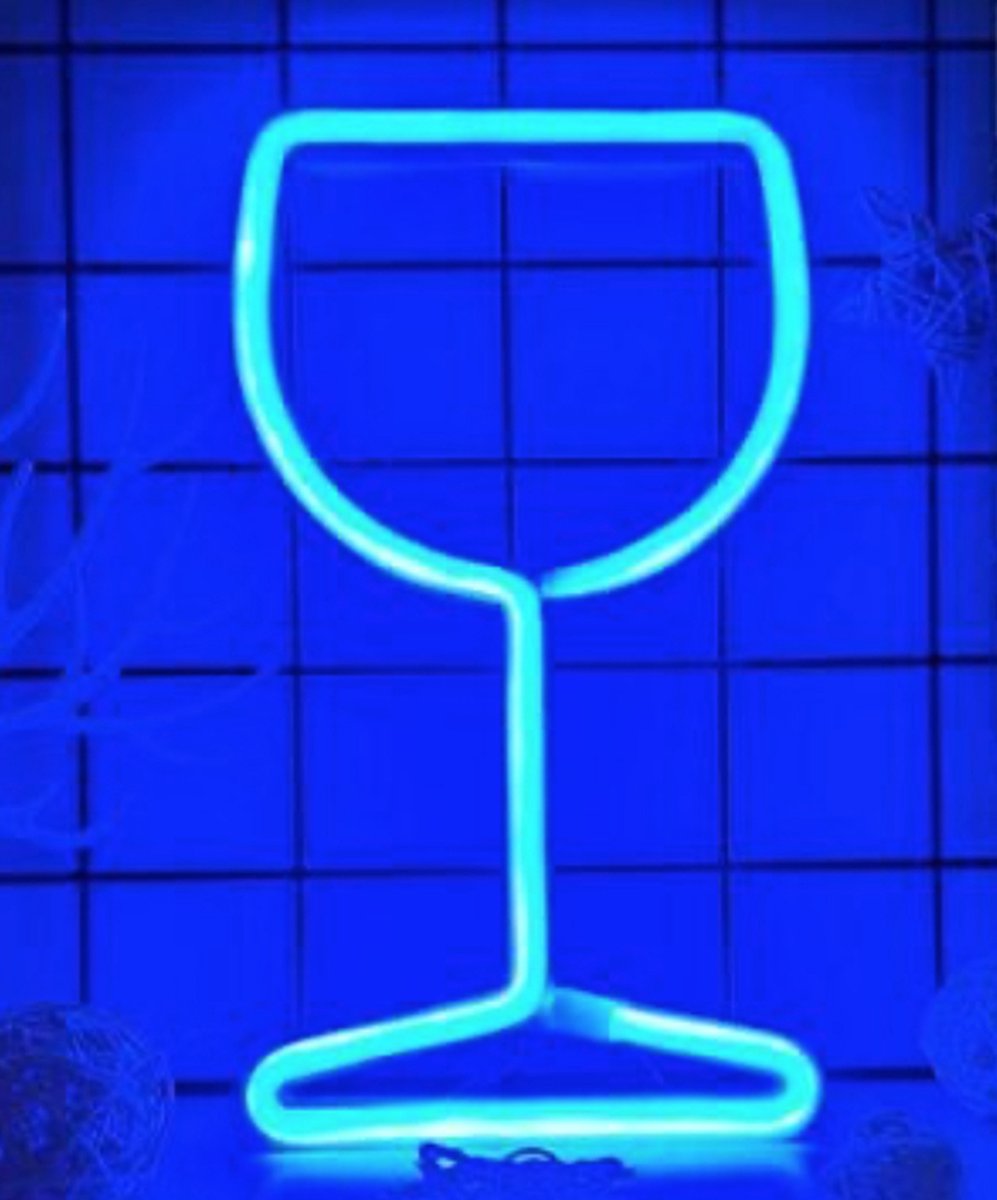 Neon led lamp - Wijnglas - Blauw - 25 x 14 cm - Incl. 3 AA batterijen - Neon Verlichting - Wandlamp