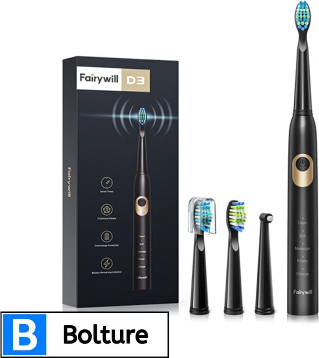Bolture Electric Toothbrush - Elektrische Tandenborstel - 5 Standen - Inclusief 3 Opzetborstels - Sonisch - Waterdicht - Zwart
