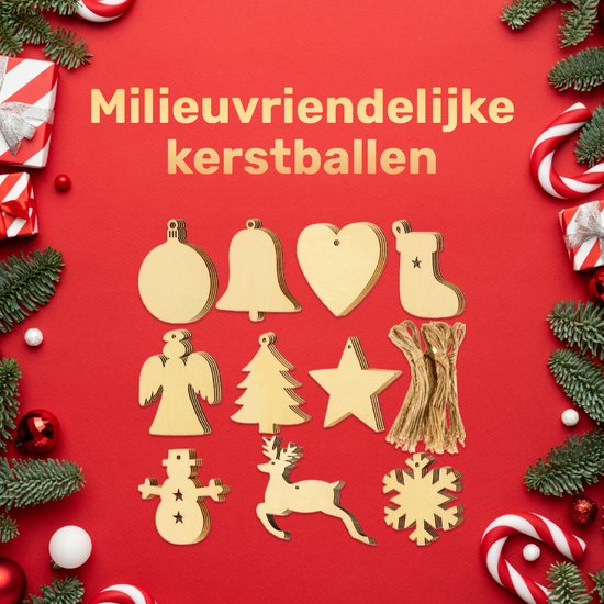 Giftmas Houten Kerstballen – Kerstversiering voor Binnen – Kerstbal van Hout – Kerst – 10 Vormen - ⌀7,5cm – 50 Stuks - Giftmas