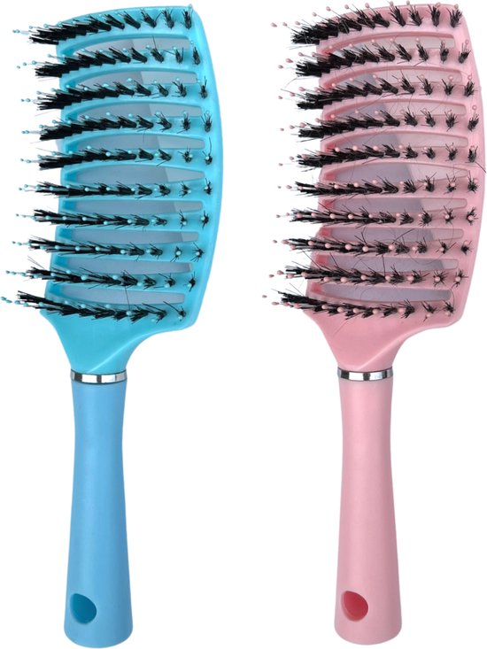 MOONIE'S® Anti-Klit Haarborstel - Duo pack - Curved - Roze - Blauw