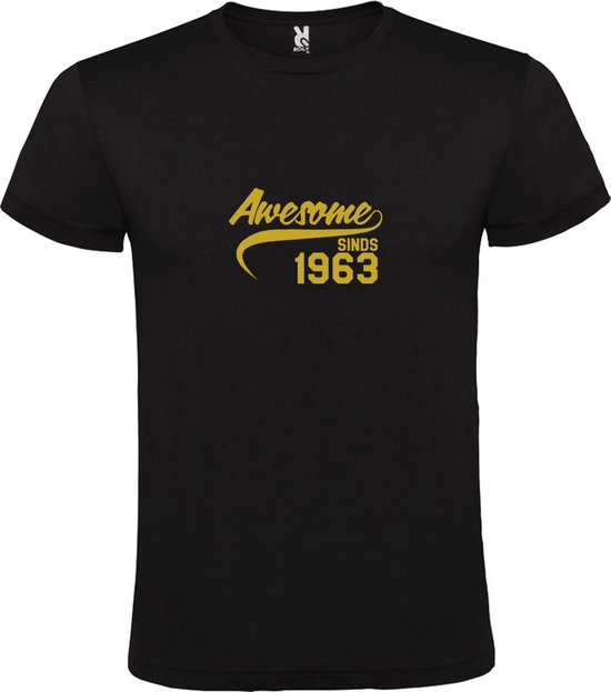 Zwart T-Shirt met “Awesome sinds 1963 “ Afbeelding Goud Size L