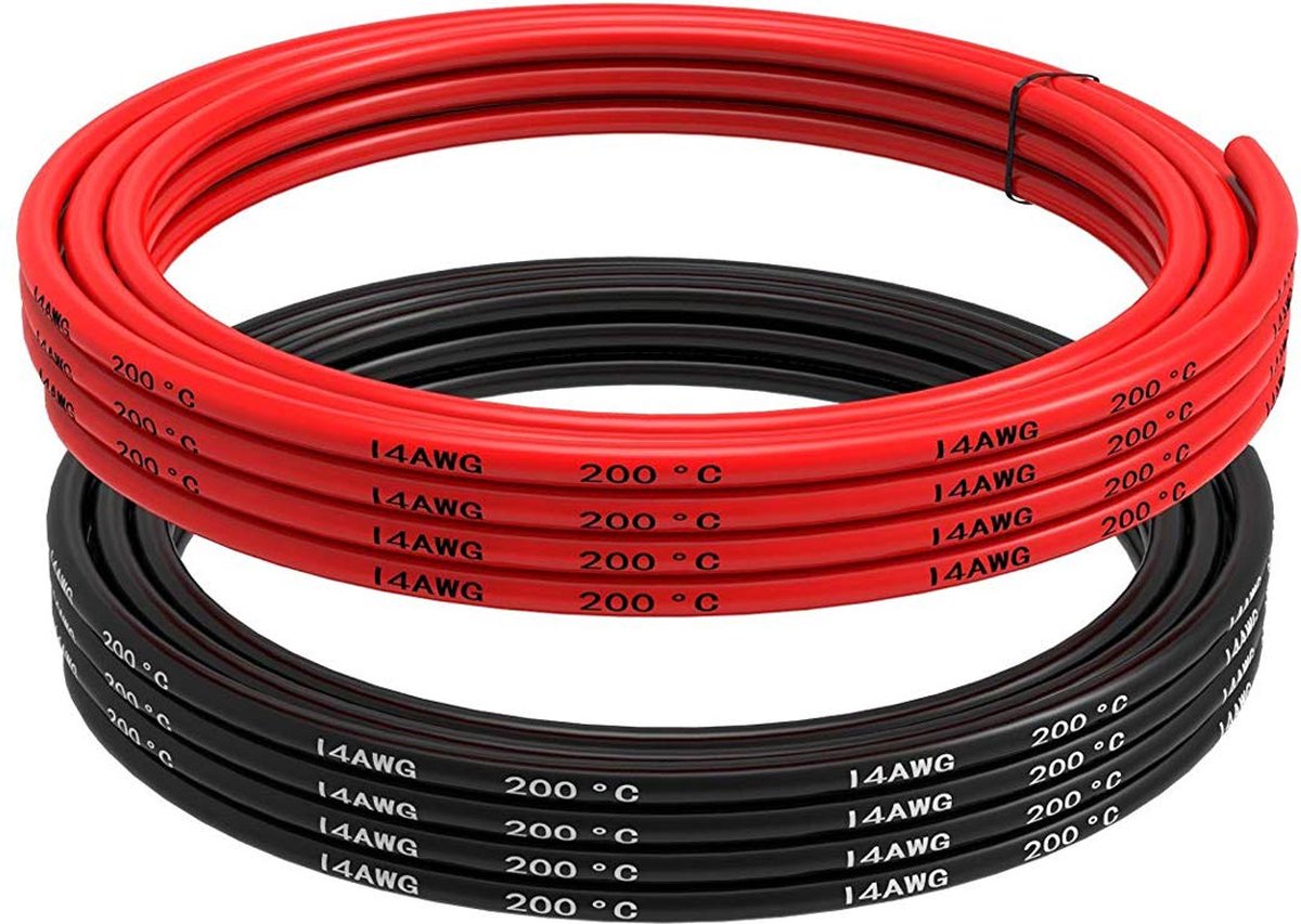 14 gauge siliconendraad, 5 meter (2,5 meter zwart en 2,5 meter rood) flexibele lage impedantie (14AWG)