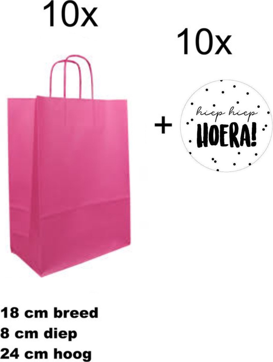 10x Geschenktassen Roze - 10x Sluitstickers - Hiep Hiep Hoera - 18+8x24cm - 40mm - 10 stuks - Cadeautasje - Tassen - Geschenk - Verpakkingen - Geschenktasjes - Roze - Uitdelen - Trakteren - Luxe inpakken - Uitdeeltraktatie - Cadeautasje