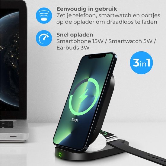 Nuvance 3 in 1 Draadloze Oplader Inclusief Telefoonhouder Wireless Charger 15W... bol