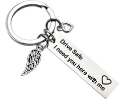 Fako Bijoux - Sleutelhanger Drive Safe, I Need You Here With Me - Vleugel & Hart - Sleutelring Tekst - Cadeau - Geschenk - Zilverkleurig